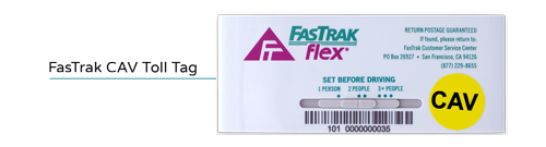 FasTrak Flex Toll Tag for Clean Air Vehicles is a white plastic transponder with a yellow CAV sticker on the lower right corner. The switch in the middle of the transponder can be used to indicate how many people are in the vehicle before driving.